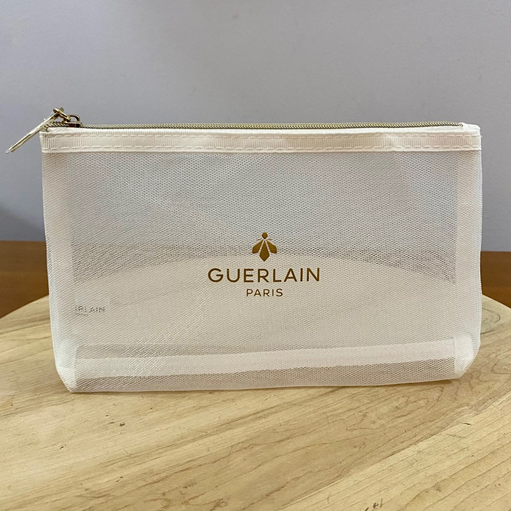 Guerlain Paris Cosmetic Bag Women White Mesh Gold Bee Logo Makeup Pouch Zipper